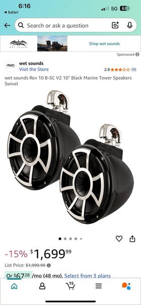Wet Sounds 814820023749 Rev 10 B-sc V2 Inch Black Marine Tower Speakers Swivel
