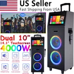 Dual 10" 4000W Rechargeable Karaoke Speaker W/2 Wireless Mic 14.1" Touchscreen. Fixed Price $405.99.